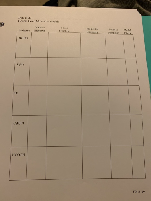 Data table Double Bond Molecular Models Molecule Valence Electrons Lewis Structure Molecular Geometry Polar or Nonpolar Model