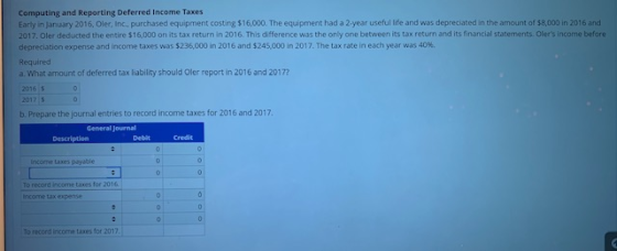 Computing and Reporting Deferred Income Taxes Early in January 2016, Oler, Inc. purchased equipment costing 516,000. The equi