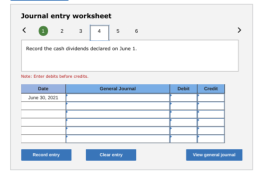Journal entry worksheet < 1 2 3 5 6 Record the cash dividends declared on June 1. Note: Enter debits before credits Date Gene