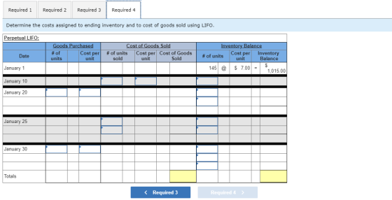 Required 1 Required 2 Required 3 Required 4 Determine the costs assigned to ending inventory and to cost of goods sold using