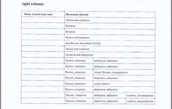 right column. Name of joint (any one) Movement allowed flexion and extension Rotation Rotation flexion and extension dorsifle