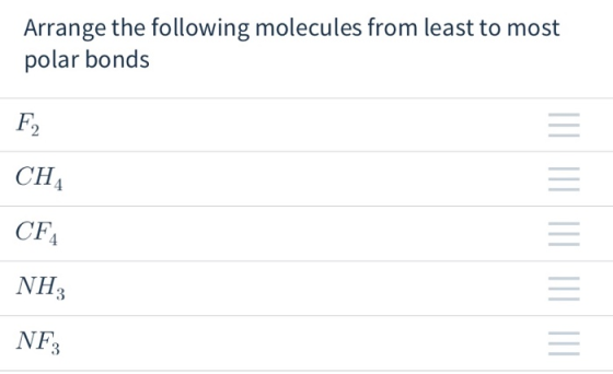 Arrange the following molecules from least to most polar bonds F2 CHA CF4 NH3 NFZ