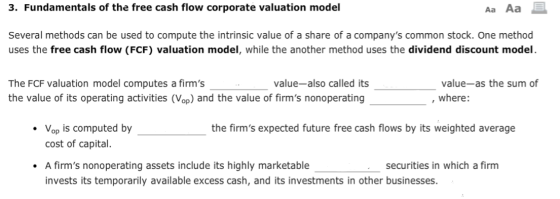 3. Fundamentals of the free cash flow corporate valuation model Aa Aa E Several methods can be used to compute the intrinsic