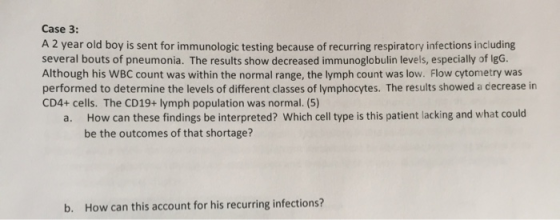 Case 3: A 2 year old boy is sent for immunologic testing because of recurring respiratory infections including several bouts
