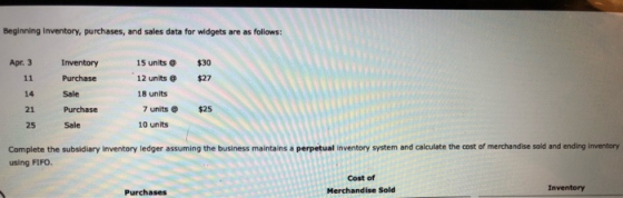 Beginning inventory, purchases, and sales data for widgets are as follo Apr. 3 $30 $27 Inventory Purchase Sale Purchase Sale