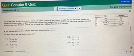Submit Quiz Quiz: Chapter 9 Quiz This Question: 2 pts 12 of 15 (1 complete This Quiz: 30 pts possible A study was done on bod