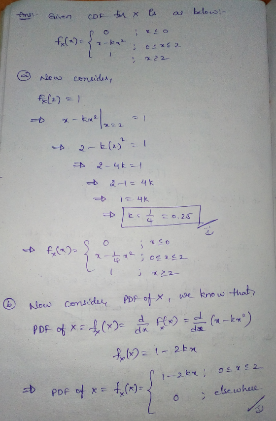 An as below:- Given cor for x en po es xco fule) = x -ke; ocasa l a22 a now consider, fol2)=1 x - ke2 = 21 2-k (25 = 1 2-4k