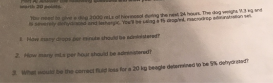 worth 20 points. You need to give a dog 2000 mLs of Normosol during the next 24 hours. The dog weighs 11.3 kg and s severely