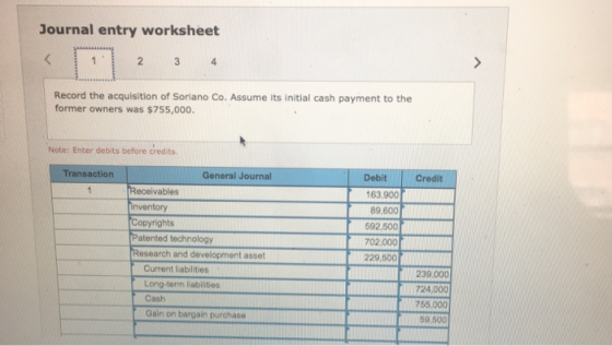 Journal entry worksheet < 2 3 4 > Record the acquisition of Soriano Co. Assume its initial cash payment to the former owners