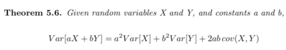 Theorem 5.6. Given random variables X and Y, and constants a and b, VarſaX + bY] = aʼVar[X] + b2V ar[Y] + 2ab cov(X,Y)