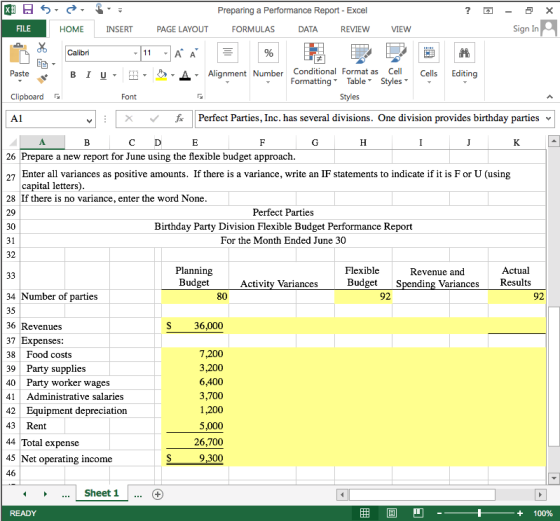 x * = % p Paste A1 5 .15 Preparing a Performance Report - Excel ? - FILE HOME INSERT PAGE LAYOUT FORMULAS DATA REVIEW VIEW Si