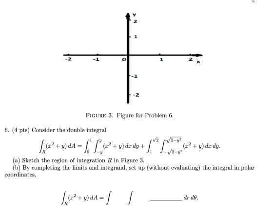 1 -1 O 1 2 x FIGURE 3. Figure for Problem 6. 6. (4 pts) Consider the double integral 2 Spa (22 + y)da = [ L. (x2 + y) dx dy +