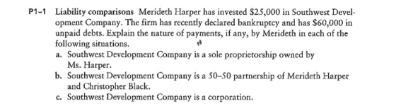 P1-1 Liability comparisons Merideth Harper has invested $25,000 in Southwest Devel- opment Company. The firm has recently dec