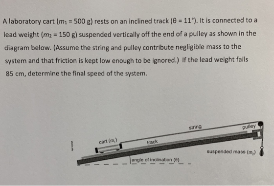 A laboratory cart (m1 500 g) rests on an inclined track (e 11°). It is connected to a lead weight (m2 150 g) suspended vertically off the end of a pulley as shown in the diagram below. (Assume the string and pulley contribute negligible mass to the system and that friction is kept low enough to be ignored.) If the lead weight falls 85 cm, determine the final speed of the system. string pulley cart (m,) track suspended mass (m) angle of inclination (0)