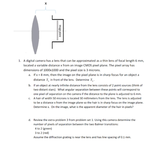 A digital camera has a lens that can be approximated as a thin lens of focal length 6 mm, located a variable distance x from an image CMOS pixel plane. The pixel array has dimensions of 1000x1000 and the pixel size is 3 microns. 1. If x- 8 mm, then the image on the pixel plane is in sharp focus for an object a distance So in front of the lens. Determine So If an object at nearly infinite distance from the lens consists of 2 point sources (think of two distant stars). What angular separation between these points will correspond to one pixel of separation on the camera if the distance to the plane is adjusted to 6 mm. a. b. c.A hair of width 50 microns is located 30 millimeters from the lens. The lens is adjusted to be a distance x from the image plane so the hair is in sharp focus on the image plane. Determine x. On the image, what is the apparent diameter of the hair in pixels? d. Review the extra problem 3 from problem set 1. Using this camera determine the number of pixels of separation between the two Balmer transitions: 4 to 2 (green) 3 to 2 (red) Assume the diffraction grating is near the lens and has line spacing of 0.1 mm.