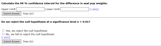 Calculate the 99 % confidence interval for the difference in seal pup weights. Lower Limit [1 pt(s)] Upper Limit Submit Answe