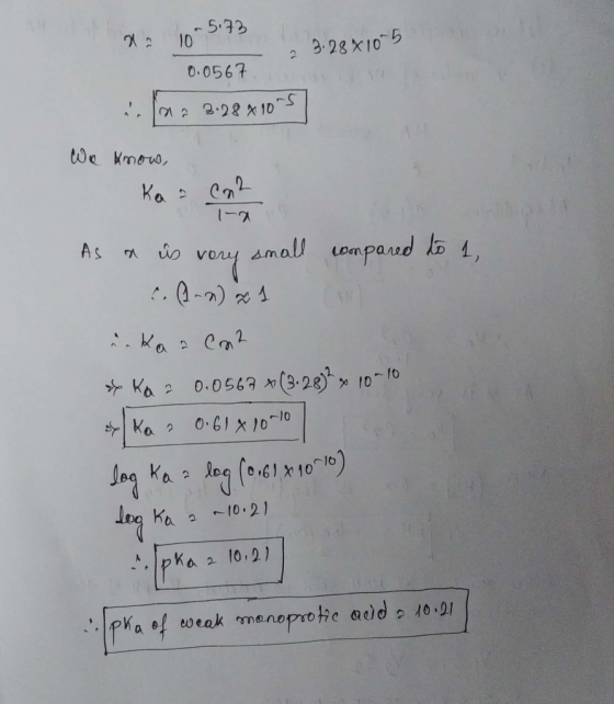 2 10 5.73 - 2 3.28x10-5 0.0567 2.98 %1005] We know, Kaca2 As a ús vory small compared to 1, inka a cm2 & Ka 2 0.0567 +(3:28)²