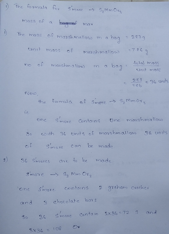 1) The formula for Smore – S₂ Mm Org mass of a bag of mar. The mass of marshmallow in a bag - 2839 unit mass of marshmallow