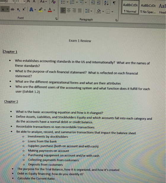 Body) A A Aav PS AL 2 x, x ADA AaBbCcDc AaBbCcDc Aal 1 Normal 1 No Spac... Head V Font Paragraph Exam 1 Review Chapter 1 . .
