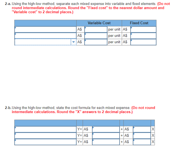 2-a. Using the high-low method, separate each mixed expense into variable and fixed elements. (Do not round intermediate calc