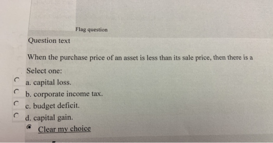 Flag question Question text When the purchase price of an asset is less than its sale price, then there is a Select one: с a.