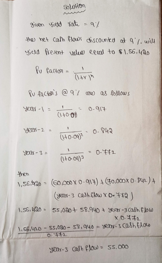 solution given yield rate = 0% the het cash flowr discounted at al. will yield Present value equal to $1.56,420 Pu factor = (
