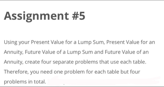 Assignment #5 Using your Present Value for a Lump Sum, Present Value for an Annuity, Future Value of a Lump Sum and Future Va
