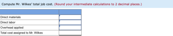 Compute Mr. Wilkes total job cost. (Round your intermediate calculations to 2 decimal places.) Direct materials Direct labor