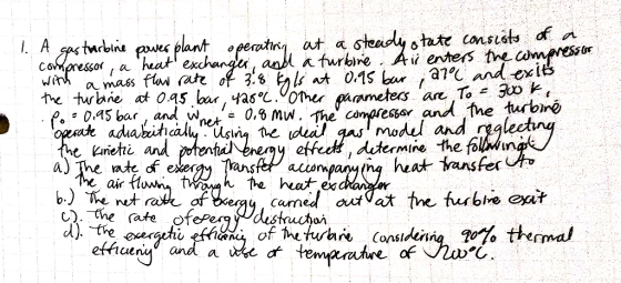 1. A sono terbinie power plant operatury, at a steady state consists of a compressor and a turbine. Air enters the compressor