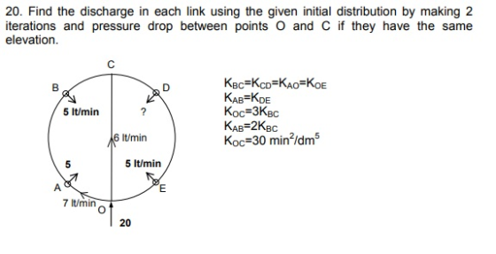 20. Find the discharge in each link using the given initial distribution by making 2 iterations and pressure drop between points O and C if they have the same elevation KAB-KDE Koc 3KBc ???-2 KBC ???-30 minidm5 5 It/min 6 It/min 5 It/min 7 t/min 20