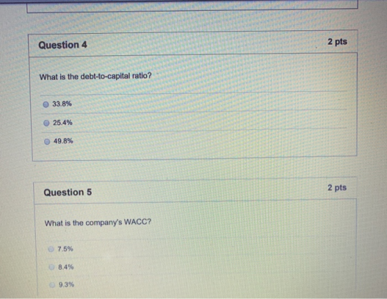 Question 4 2 pts What is the debt-to-capital ratio? 33.8% 25.4% 49.8% Question 5 2 pts What is the companys WACC? 7.5% 8.4%