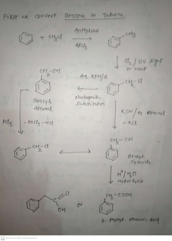 First we convert Benzene to Toluene An Hy row + crzl CH3 AlCl3 v ch luv eight or Heat CH₂-or Aq. KOH/A CHI o € Nucleopuilia s