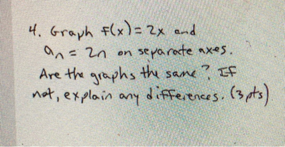 4. Graph f(x) = 2x and an= 2n on separate axes. Are the graphs the same? If differences. (3,sts) not, explain any