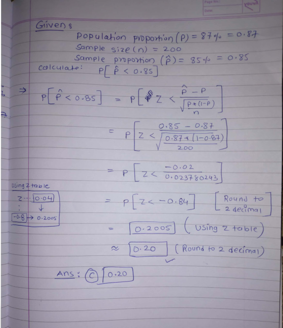 Giveno Population proportion (P) = 87% =0.87 Sample size (n = 200 sample proportion (²) = 85 - calculate? Pr Ŕ < 0.85] P[p <