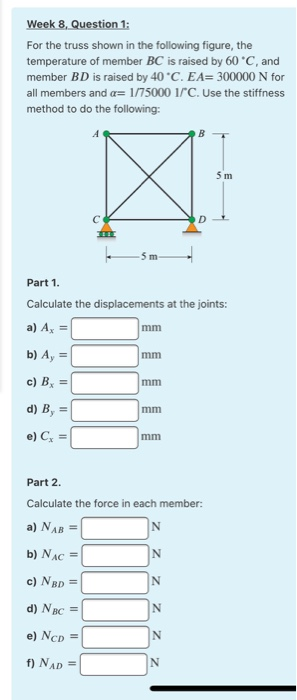 Week 8, Question 1: For the truss shown in the following figure, the temperature of member BC is raised by 60 °C, and member