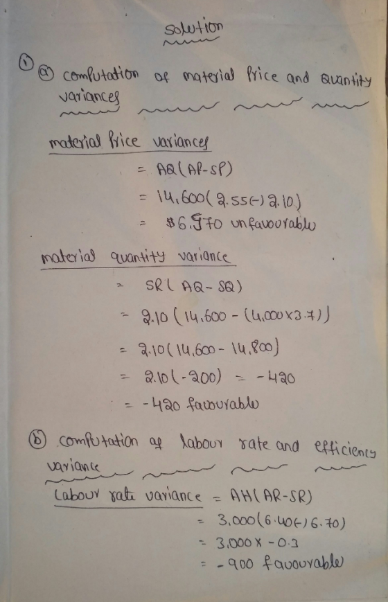 solution @ computation variances of material price and Quantity material Price variances = AQ(AP-SP) - 14.600( 2.5502.10) = $