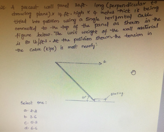 26. 4 peecast wall panel 20ft long (perpendicular to drawing plane) & 14 ft. high x 4 inches thick is being titled into posit
