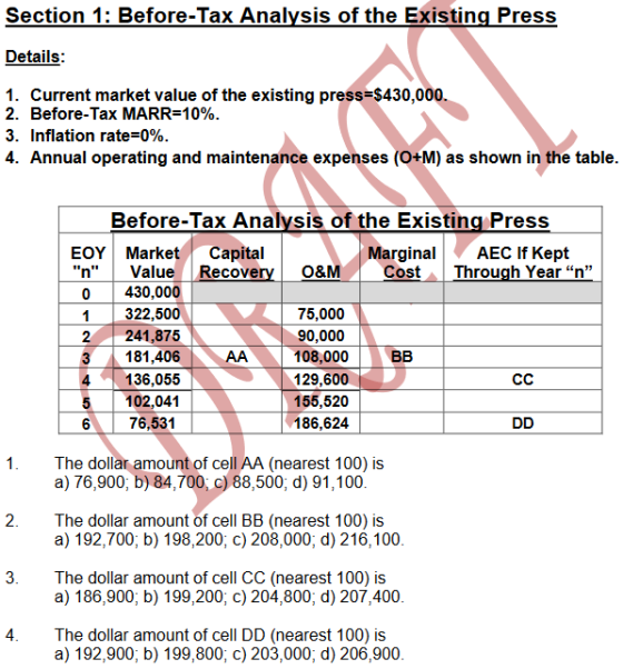 Section 1: Before-Tax Analysis of the Existing Press Details: 1. Current market value of the existing press=$430,000. 2. Befo