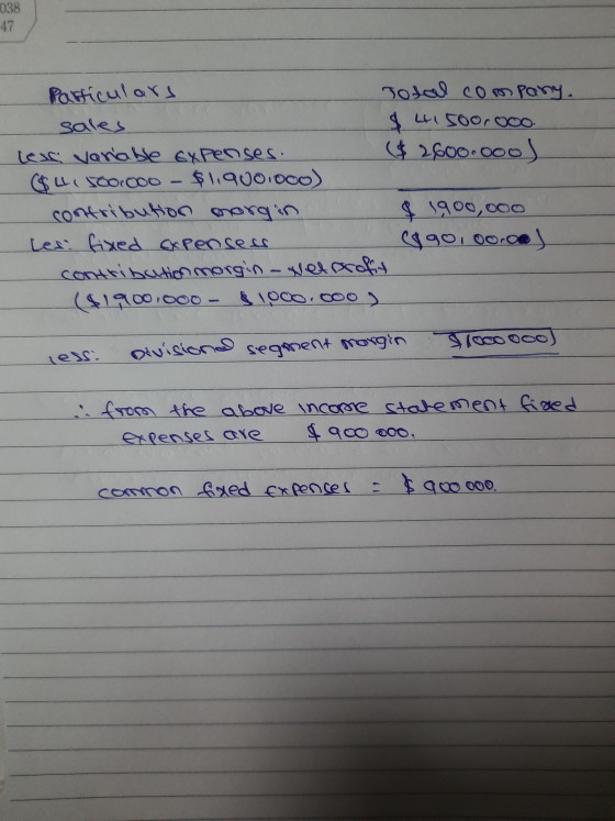 Particulars То59 com rosy. sales $4150010oo. Lexi variable expenses. ($ 2600.000) $41500,000 - $1,900.000) contribution morgi