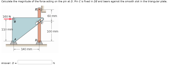 Calculate the magnitude of the force acting on the pin at D. Pin C is fixed in DE and bears against the smooth slot in the tr