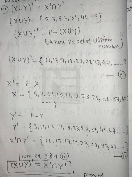 IDP (XUY] = xny ( XUY= { 2, 3, 5, 1, 1, 1, 13 (XU y) = - (X (Y) (a hore pa set of all prime number) [X UY)= 11, 13, 14,