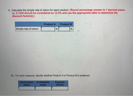 4. Calculate the simple rate of return for each product. (Round percentage answer to 1 decimal place. i.e. 0.1234 should be c