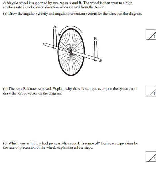 A bicycle wheel is supported by two ropes A and B. The wheel is then spun to a high rotation rate in a clockwise direction wh