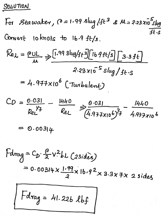 SOLUTION For seawater, p=1,99 slug /ft3 & M = 2:23 x10 slug ft.s Convert loknots to 16.9 ft/s. u Rex = PUL > (6.99 8lug/st3][