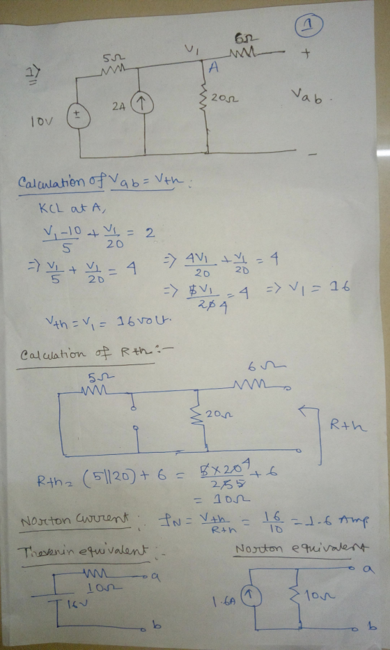 1 w 52 M А 2or Vab 2A lov 20 Calculation of va b= Uth: KCL at A v-10 + = 2 => 4V1 t = 4 => 1 + 4 => $V1 = 4 => Vi= 16 th=,= 1