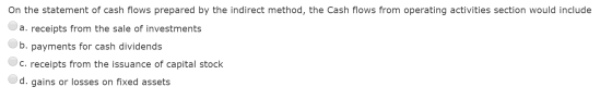 On the statement of cash flows prepared by the indirect method, the Cash flows from operating activities section would includ