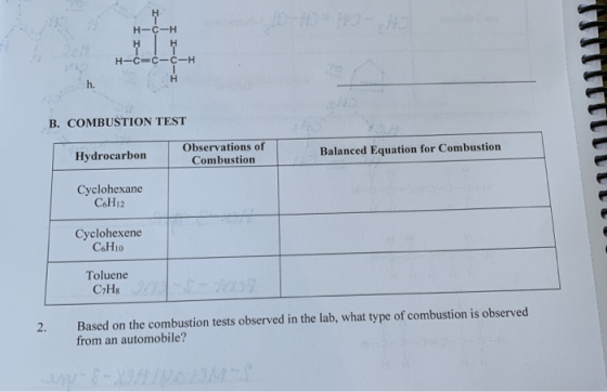 H- C-H H-ċ-ċ-ċ-H B. COMBUSTION TEST Hydrocarbon Observations of Combustion Balanced Equation for Combustion Cyclohexane C6H12