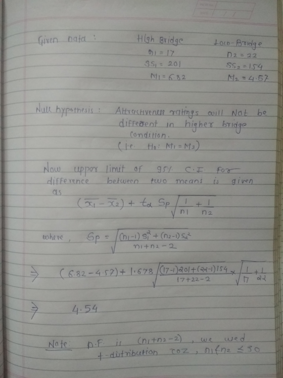 Given Data: High Bridge 01 = 17 3.5 = 201 Hi= 6.82 Loco-Bridge n2=22 SS2 = 154 M2 = 4.57 Null hypothesis : Attractiveness rat