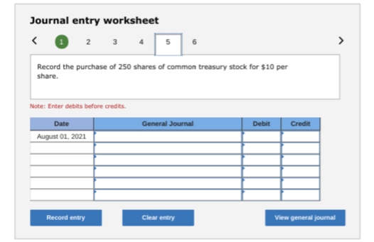Journal entry worksheet < 1 2 3 4 5 Record the purchase of 250 shares of common treasury stock for $10 per share. Note: Enter