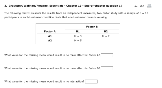 3. Gravetter/Wallnau/Forzano, Essentials - Chapter 13 - End-of-chapter question 17 Aa Aa The following matrix presents the results from an independent-measures, two-factor study with a sample of n participants in each treatment condition. Note that one treatment mean is missing. 10 Factor B B2 Factor A A1 A2 B1 M-5 What value for the missing mean would result in no main effect for factor A? What value for the missing mean would result in no main effect for factor B? What value for the missing mean would result in no interaction?